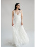 V Neck Ivory Lace Open Illusion Back Dazzling Wedding Dress